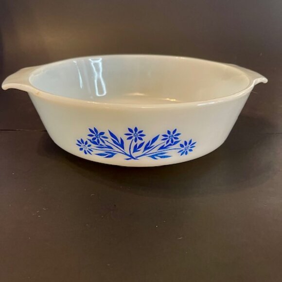 Set of 2 Anchor Hocking Fire King Milk Glass Casserole Dishes, Blue Floral - Picture 3 of 13